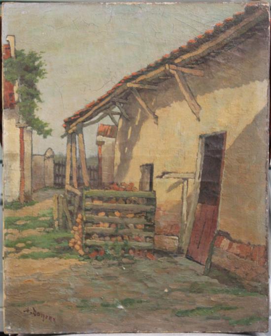 A. Boneux Woodstore beside a farmhouse, 18 x 145in., unframed